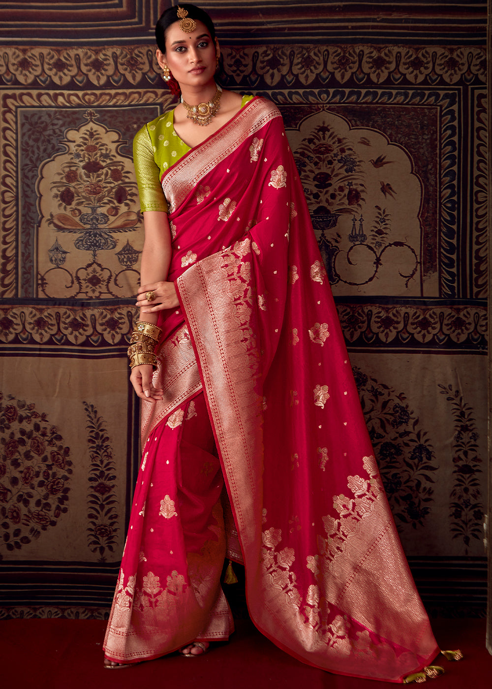 Bridal Red Meenakari Weaving Dola Silk Saree