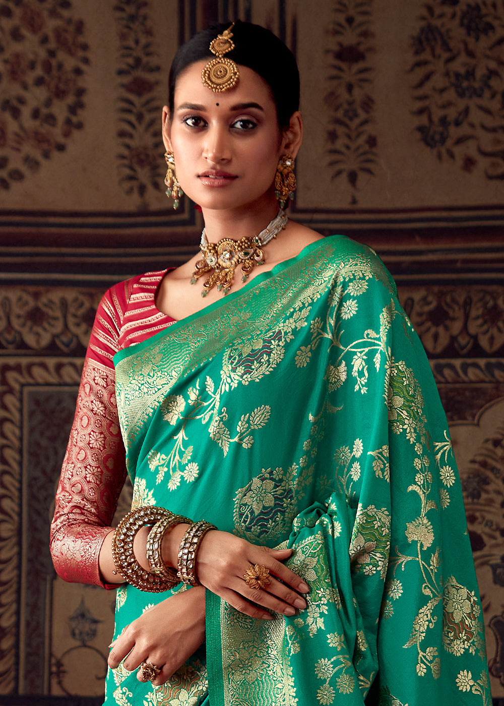 Caribbean Green Meenakari Weaving Dola Silk Saree