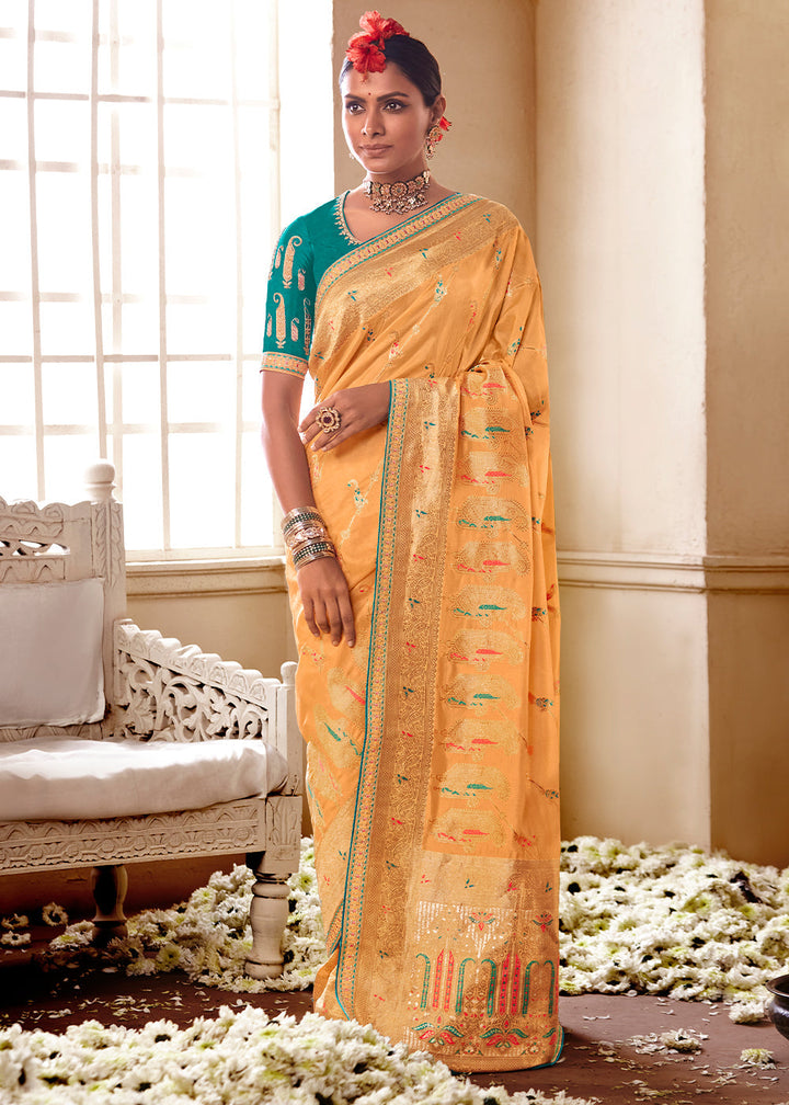 Light Orange Woven Dola Silk Saree with Contrast Embroidered Border