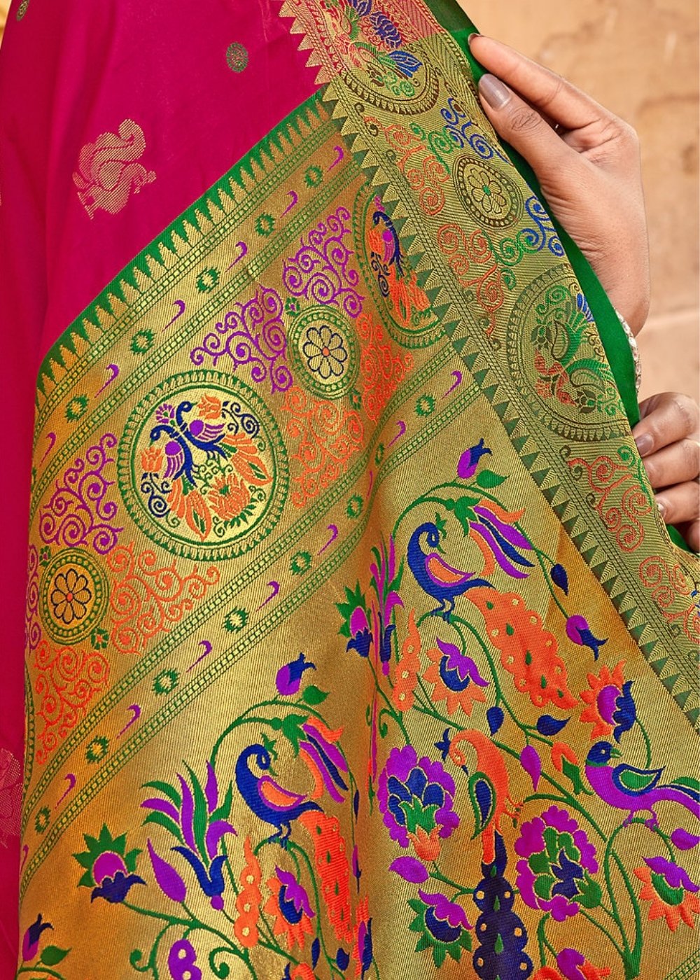 Ruby Pink Woven Paithani Silk Saree