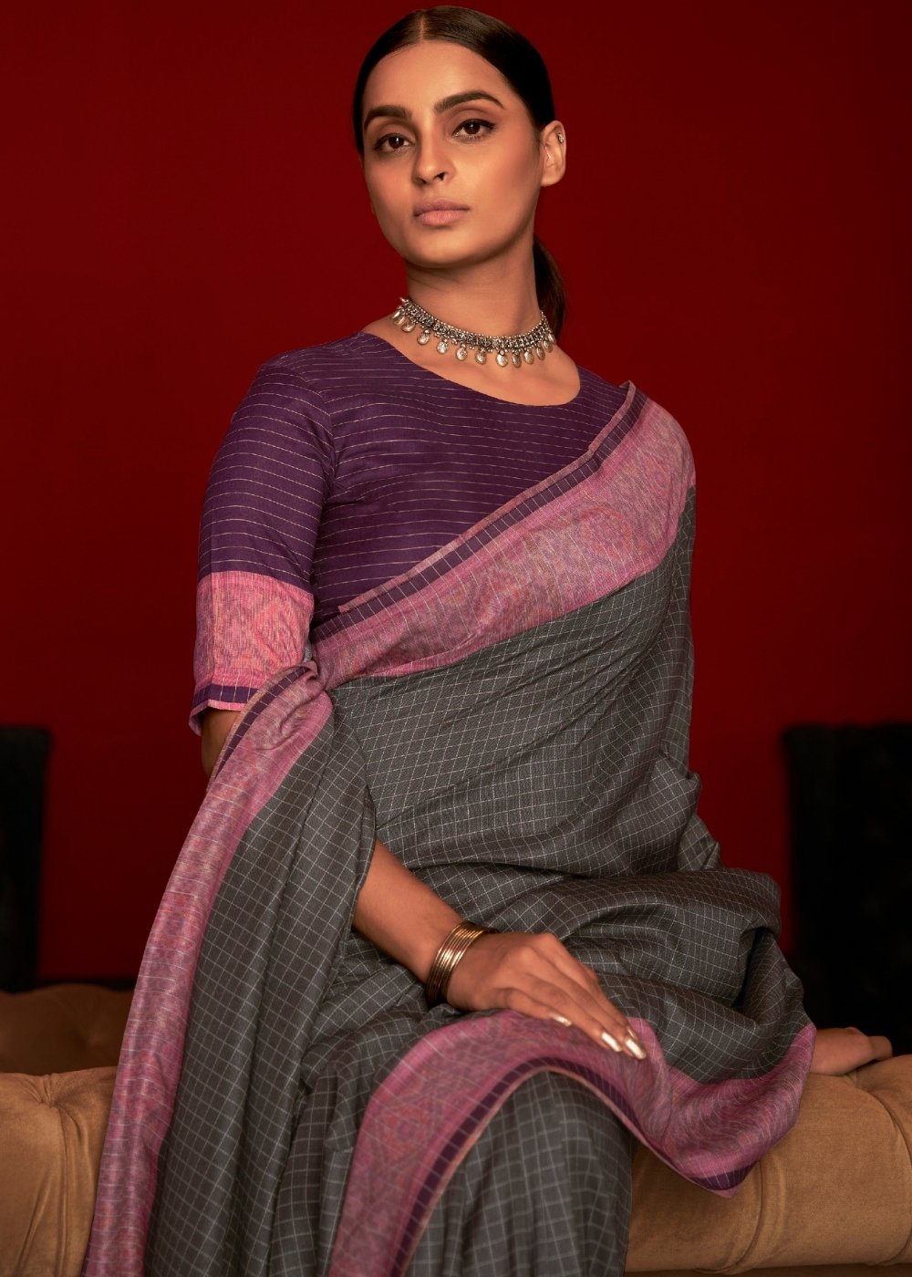 Greyish Black Designer Silk Saree