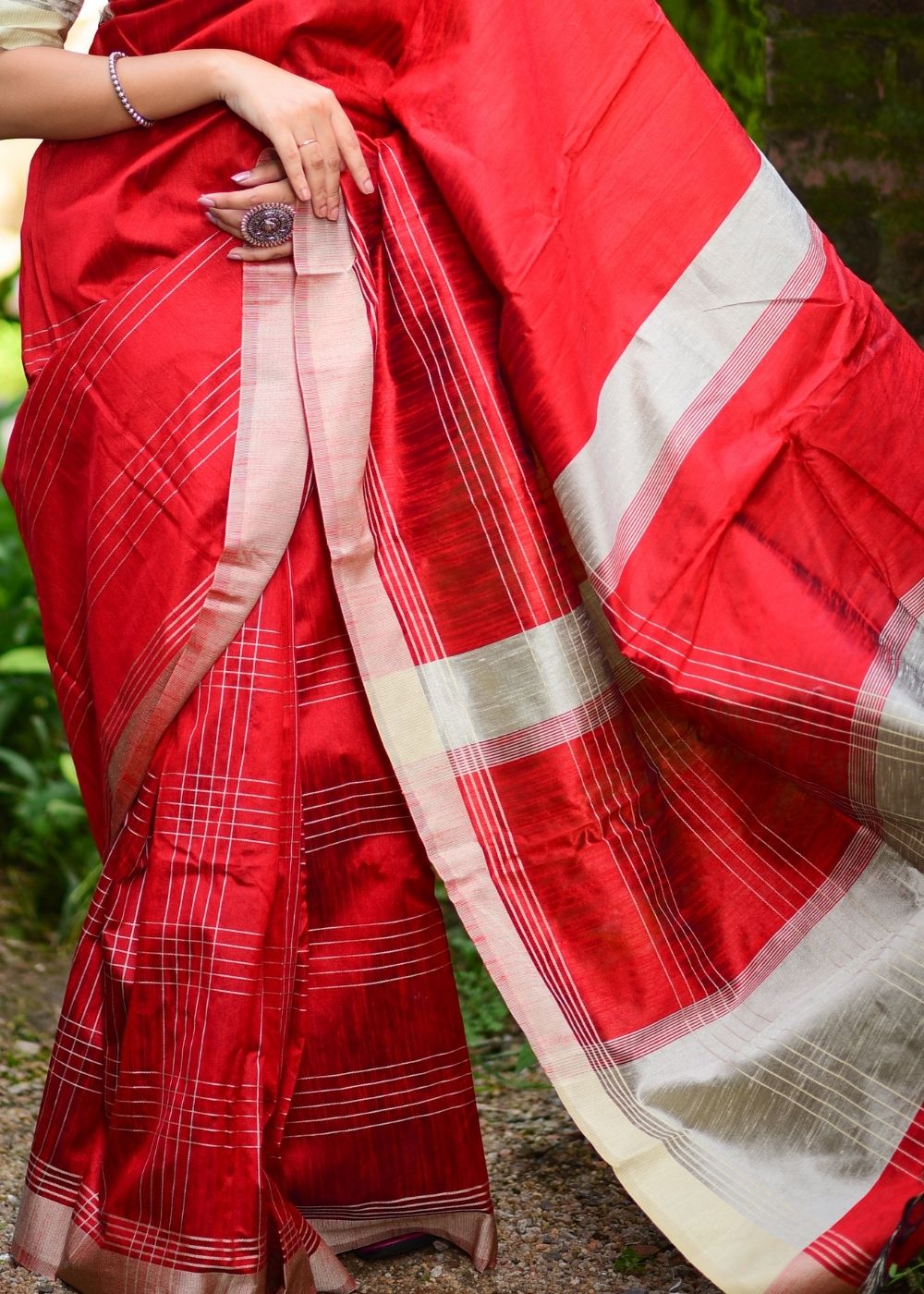 Coral Red Designer Raw Silk Saree