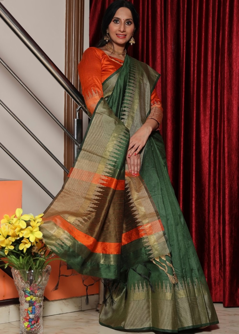 Hunter Green Art Silk Saree with Temple Border