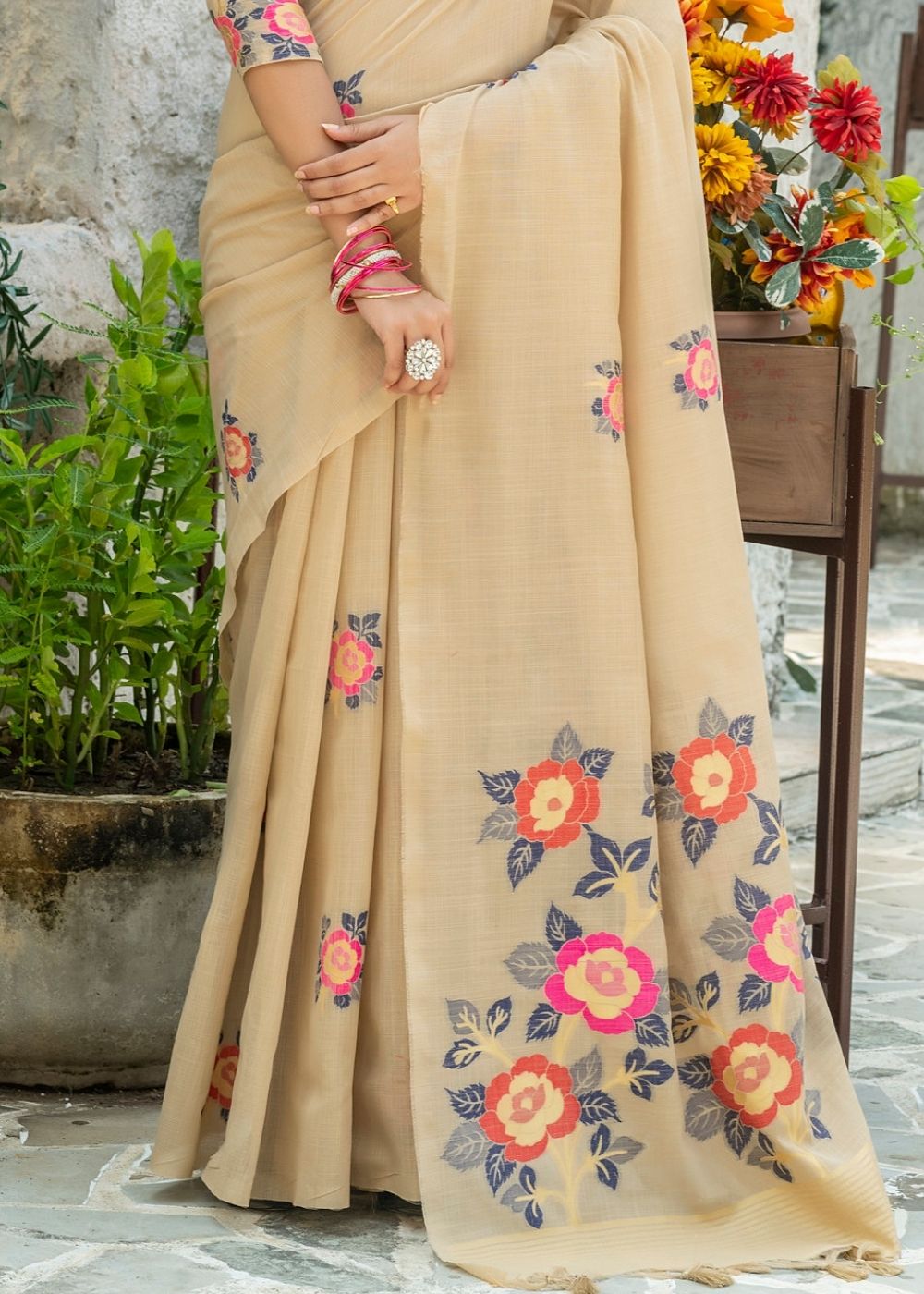 Beige Floral Printed Linen Saree