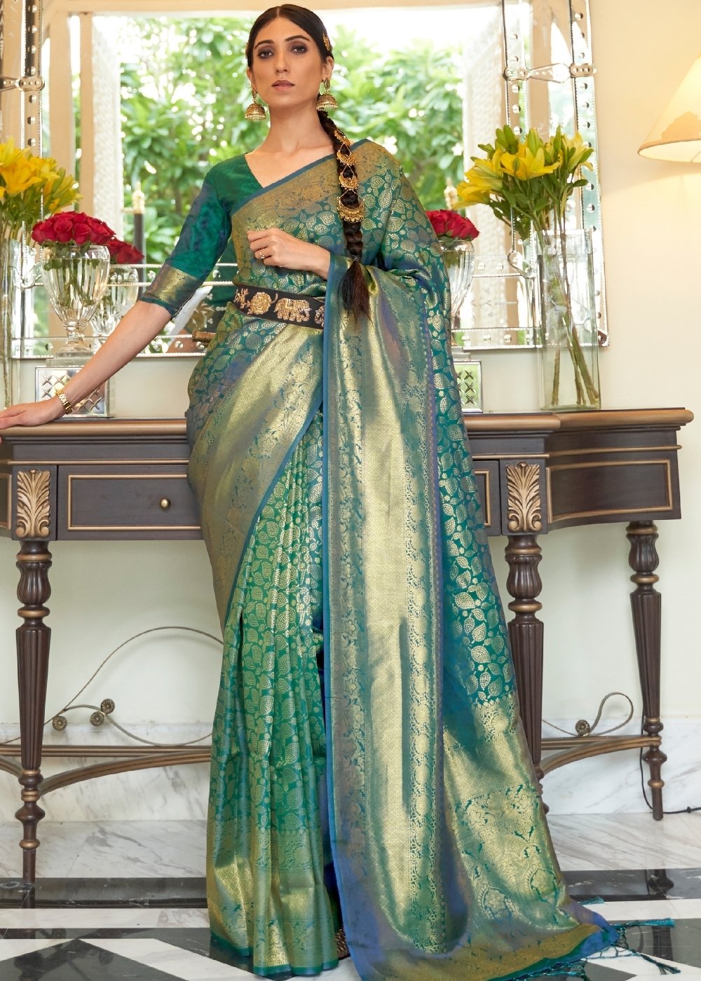 Castleton Green Zari Woven Kanjivaram Silk Saree with Tassels on Pallu