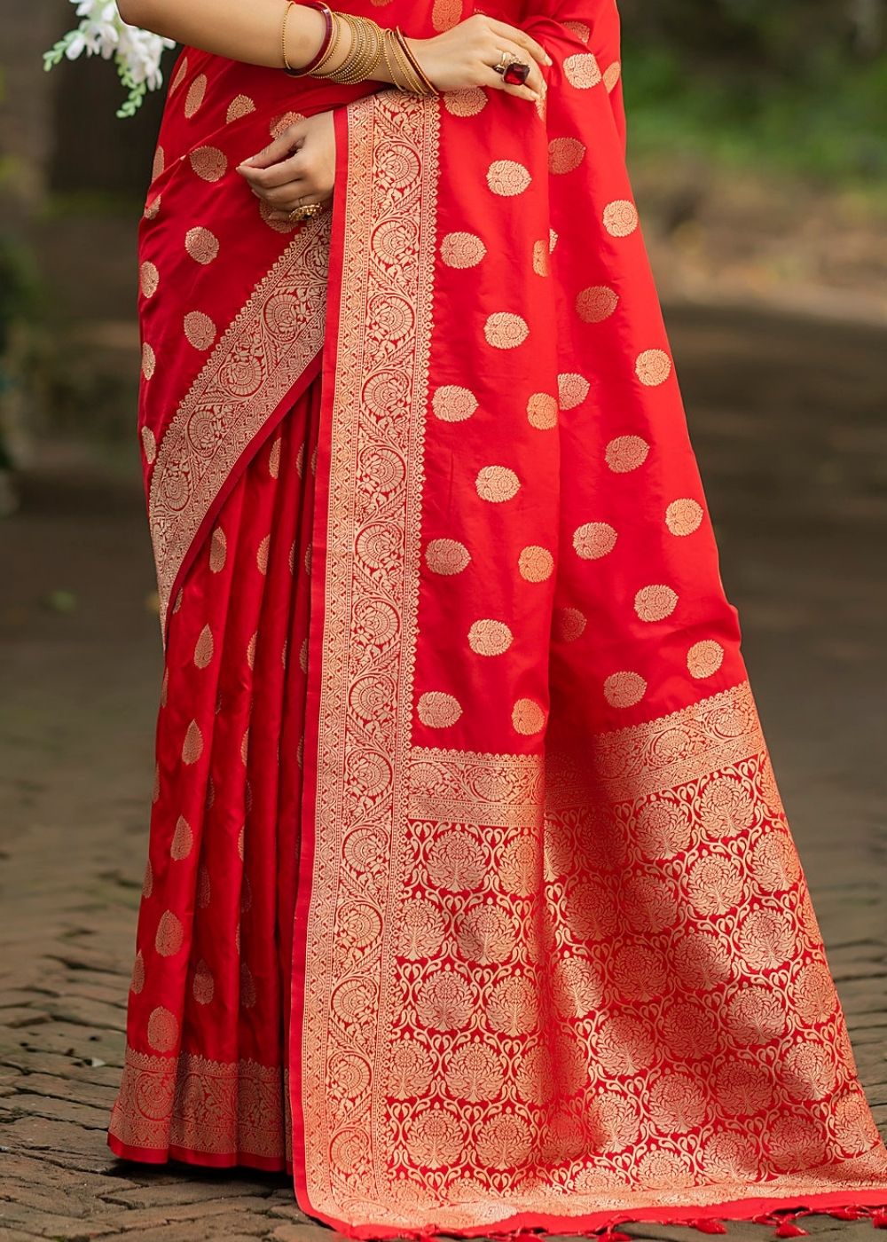 Ferrari Red Soft Banarasi Silk Saree with overall Butti