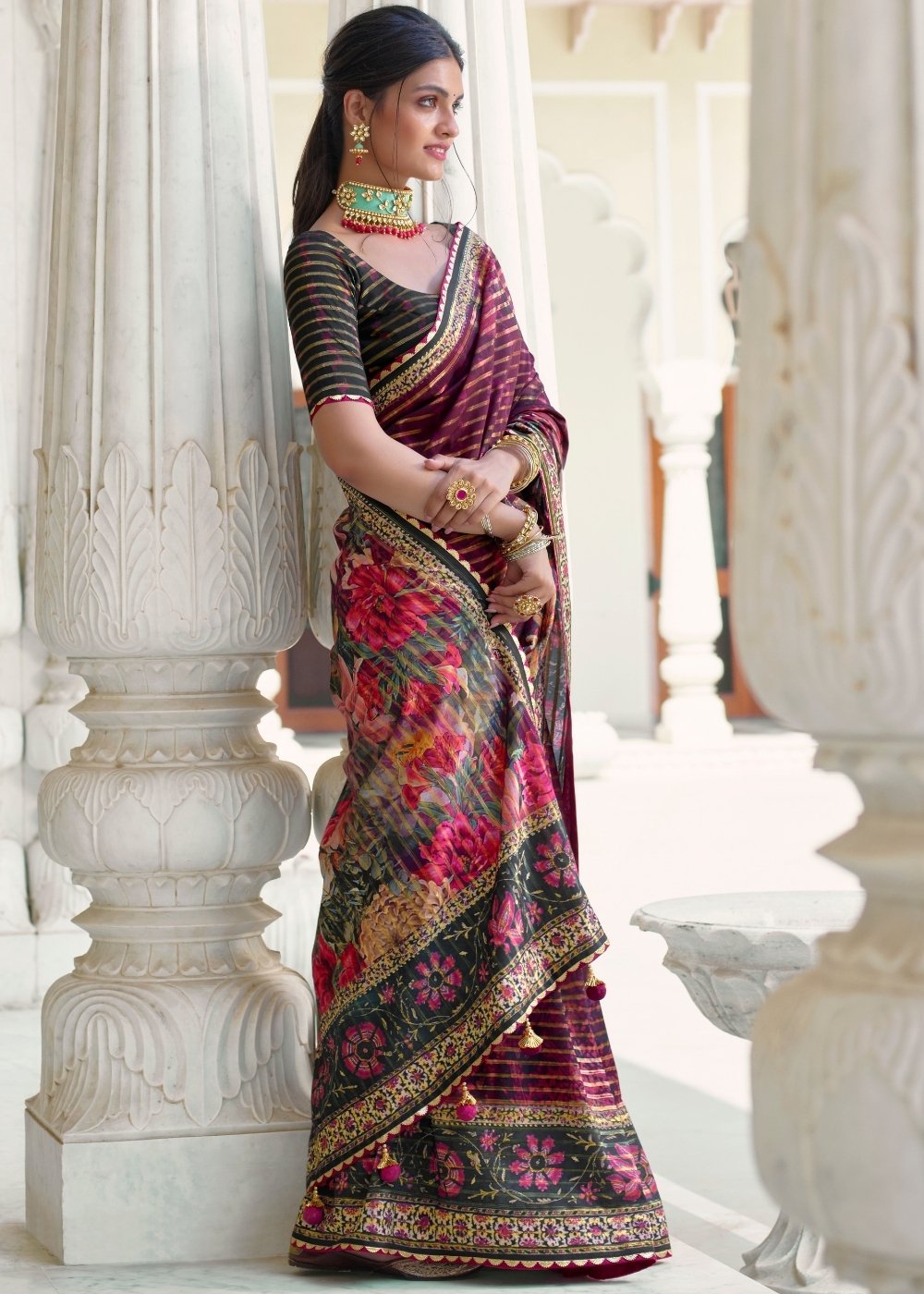 Magenta Purple Floral Digital Print Silk Saree