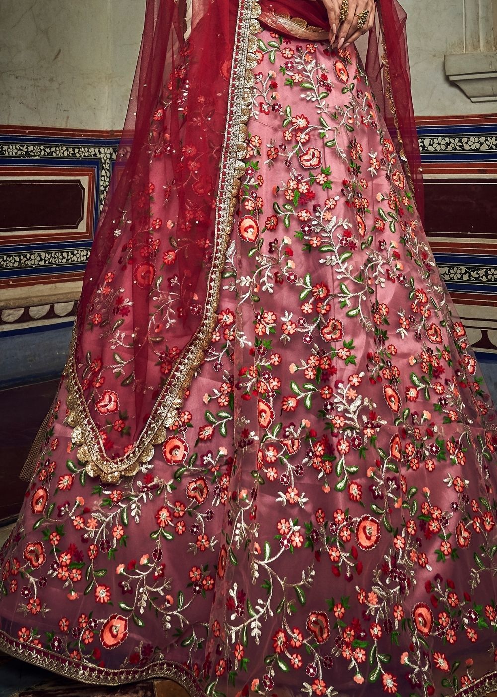 Persian Red Soft Net Lehenga with Thread & Zari work