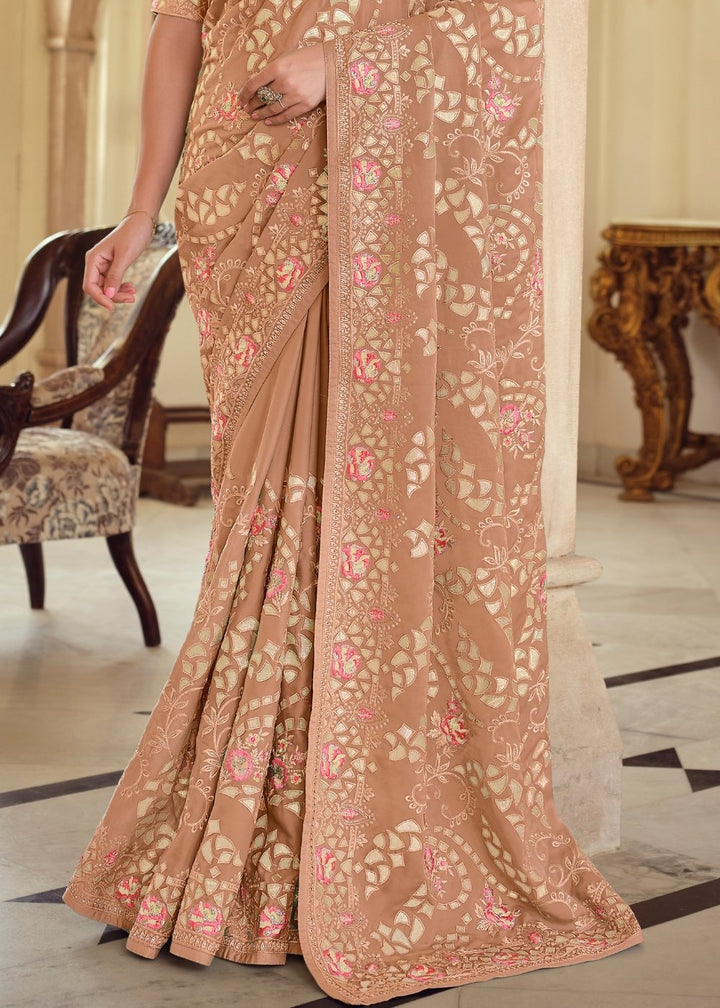 Fawn Brown Designer Satin Georgette Saree with Gota & Resham work