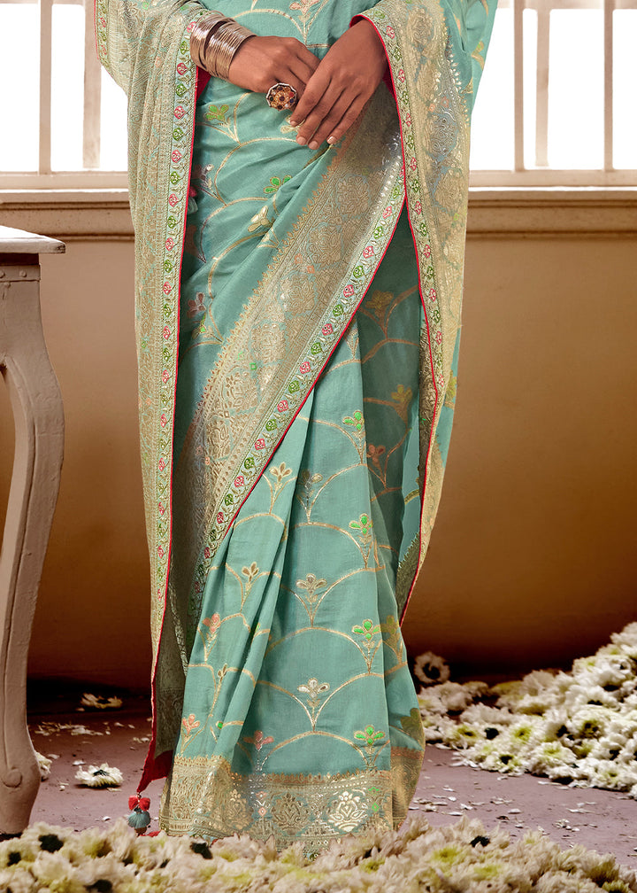 Turquoise Green Woven Dola Silk Saree with Contrast Embroidered Border