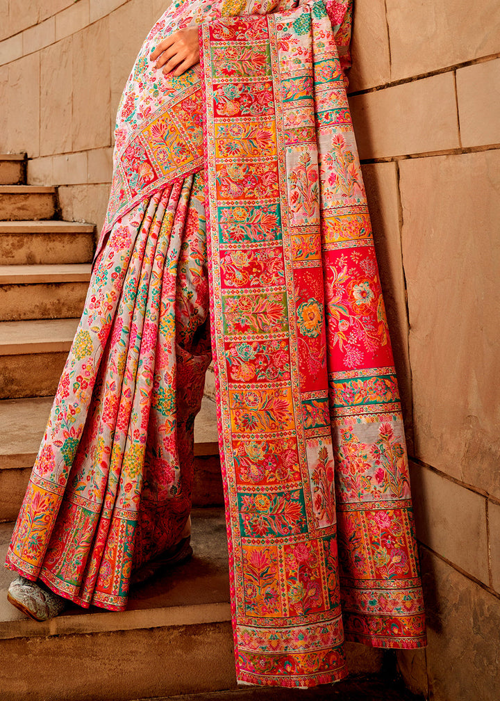 Daisy White Woven Kashmiri Jamawar Silk Saree