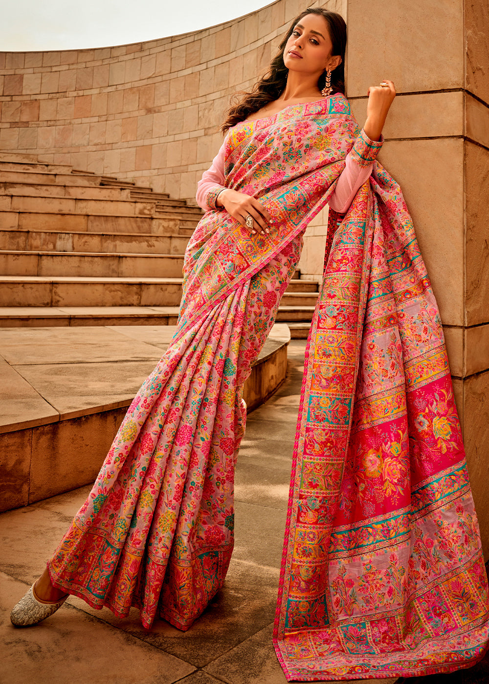 Light Baby Pink Woven Kashmiri Jamawar Silk Saree