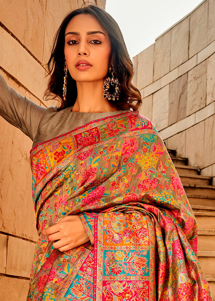 Light Grey Woven Kashmiri Jamawar Silk Saree