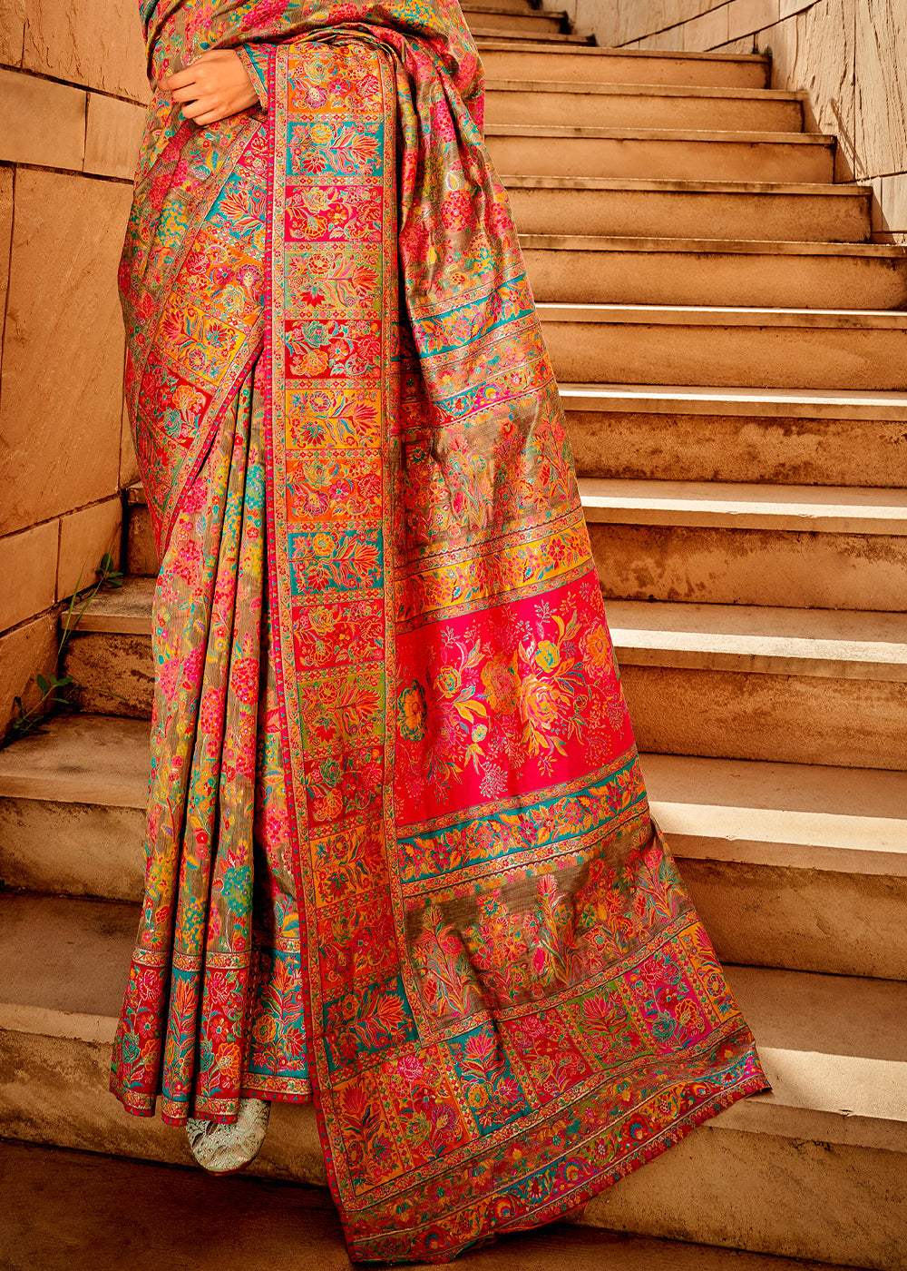 Light Grey Woven Kashmiri Jamawar Silk Saree