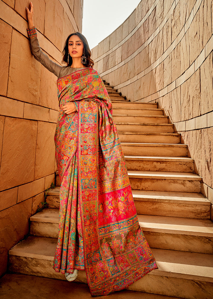 Light Grey Woven Kashmiri Jamawar Silk Saree