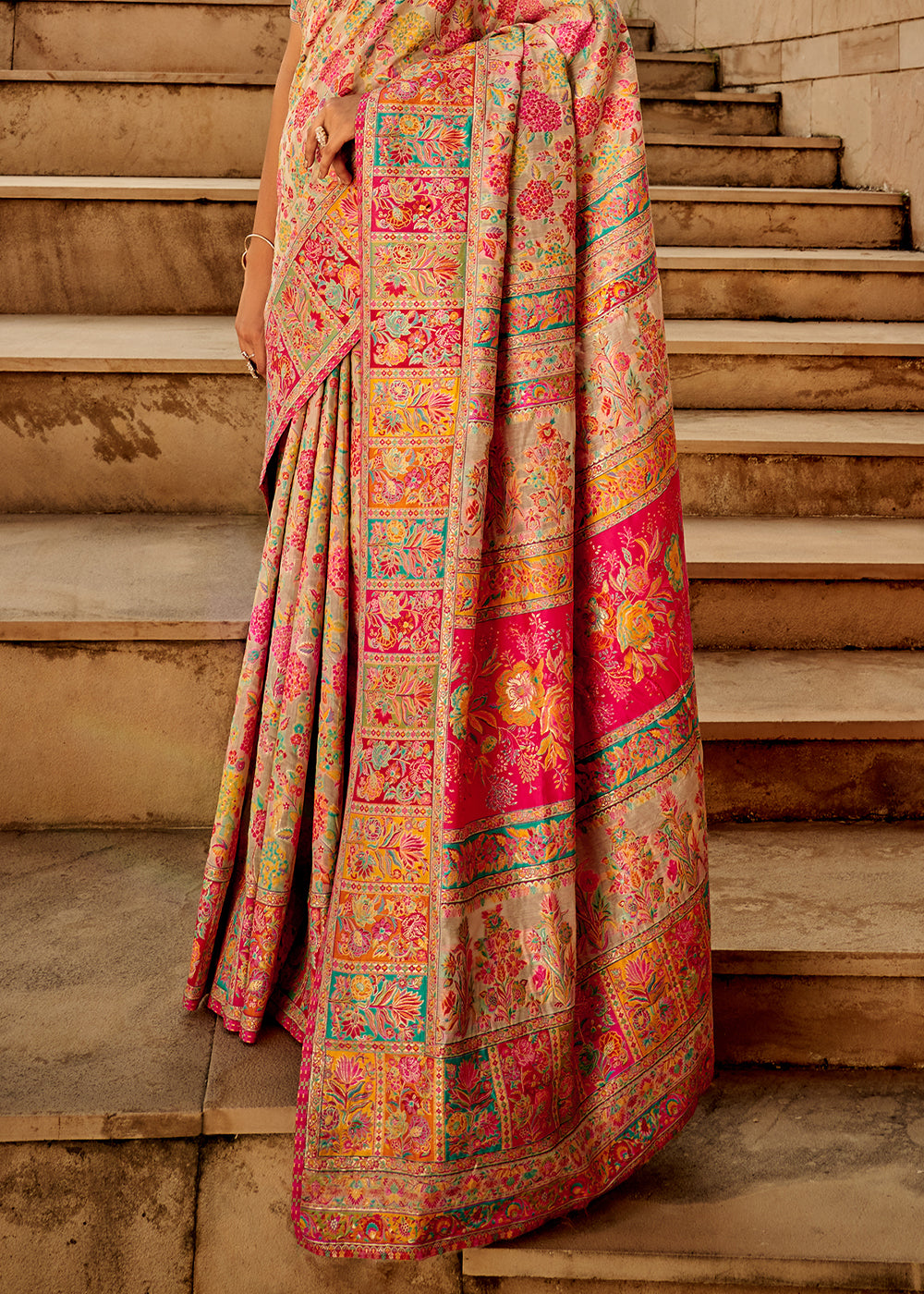 Multicolored Woven Kashmiri Jamawar Silk Saree