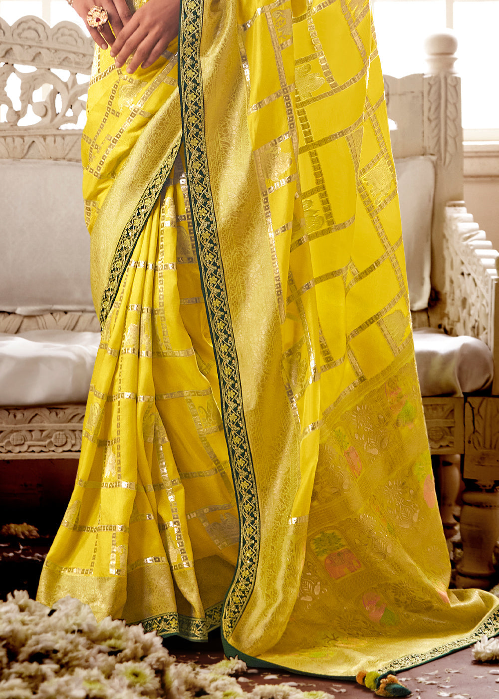 Butter Yellow Woven Dola Silk Saree with Contrast Embroidered Border