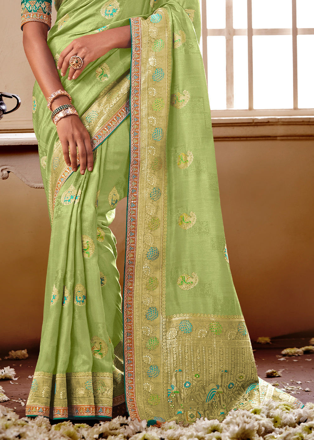 Light Green Woven Dola Silk Saree with Contrast Embroidered Border