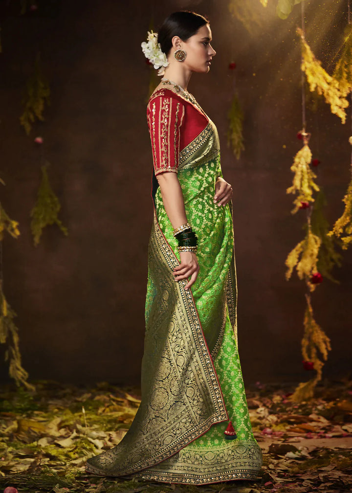 Screamin Green Zari Weaving Georgette Silk Saree with Embroidery Designer Blouse