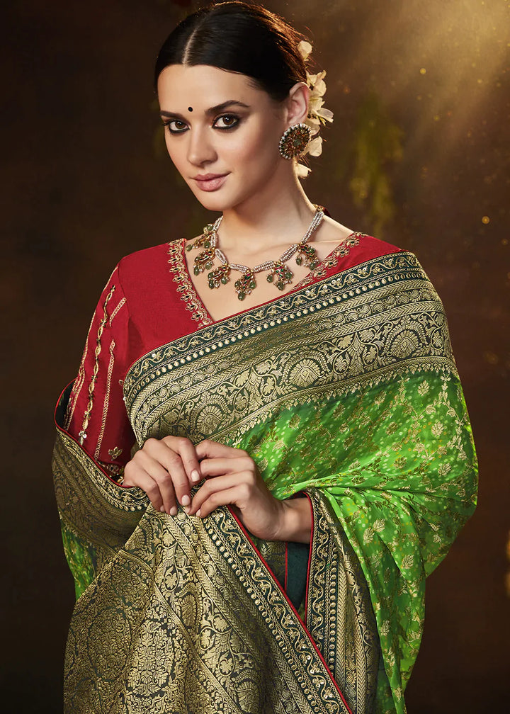 Screamin Green Zari Weaving Georgette Silk Saree with Embroidery Designer Blouse