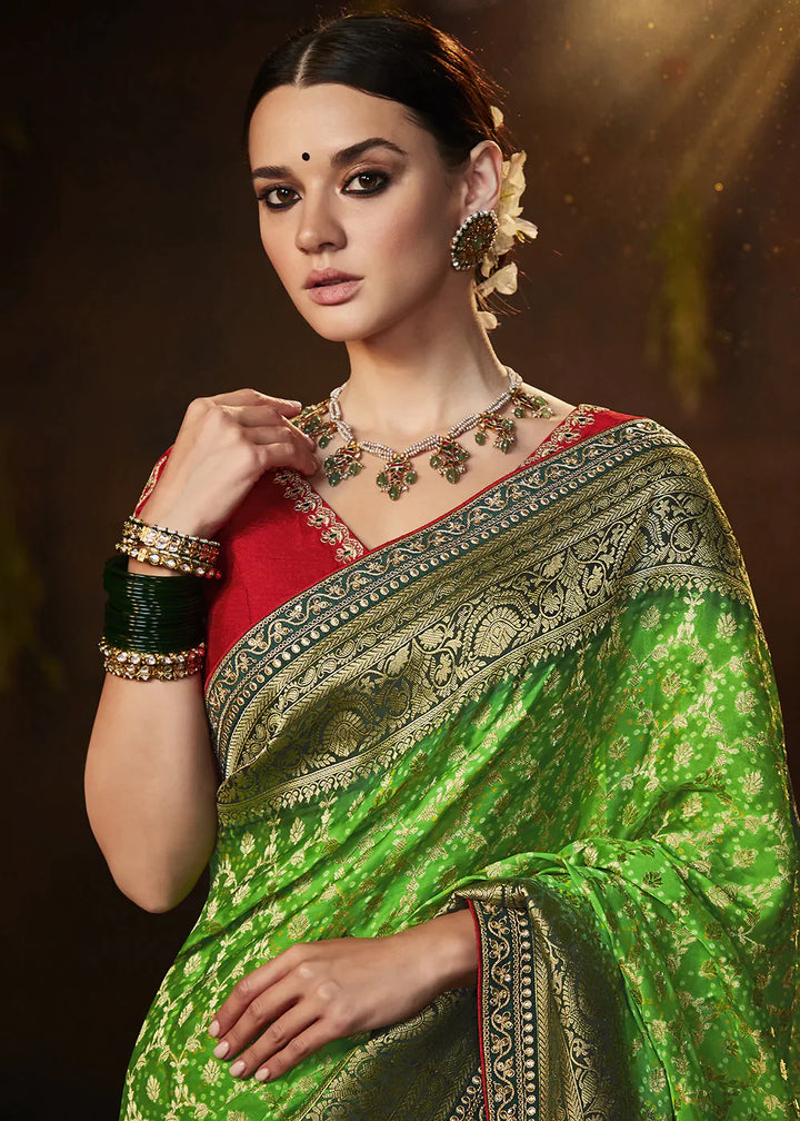 Screamin Green Zari Weaving Georgette Silk Saree with Embroidery Designer Blouse