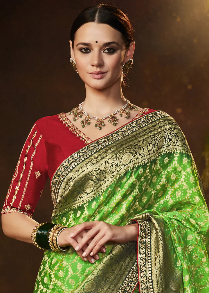 Screamin Green Zari Weaving Georgette Silk Saree with Embroidery Designer Blouse