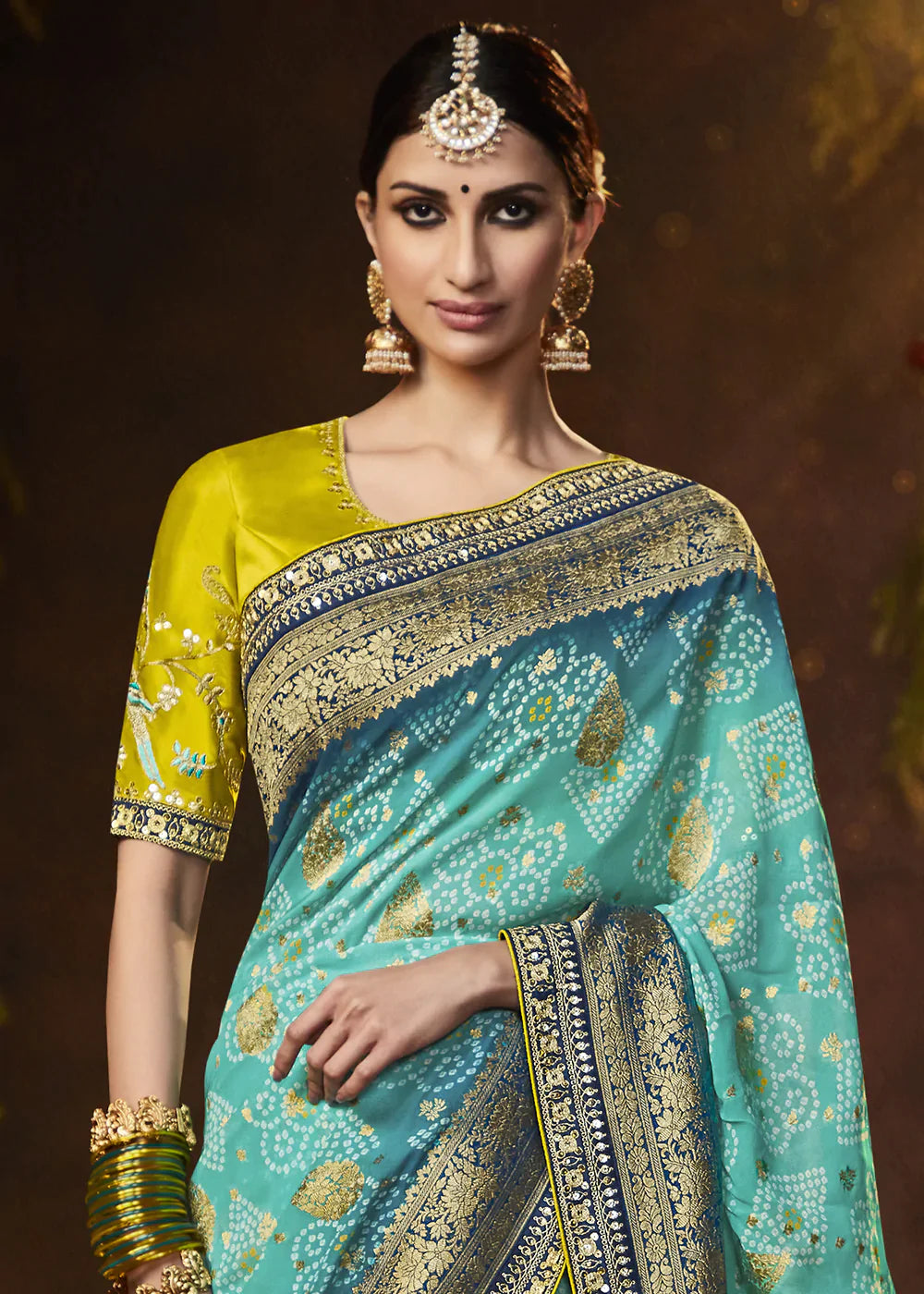 Shades Of Blue Zari Weaving Georgette Silk Saree with Embroidery Designer Blouse