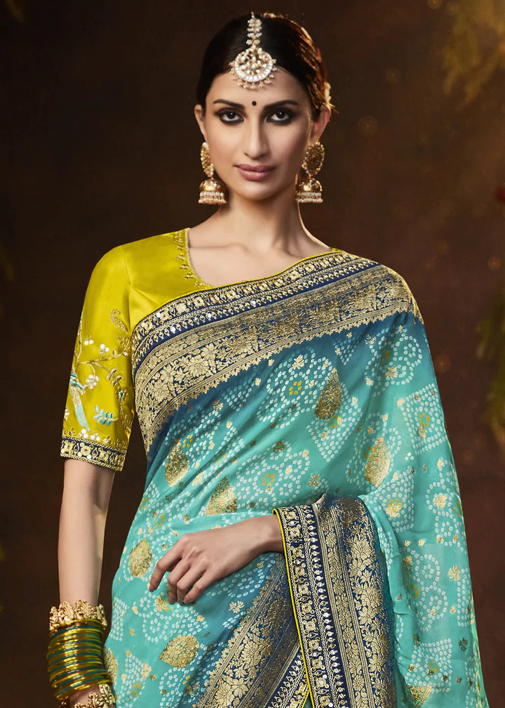 Shades Of Blue Zari Weaving Georgette Silk Saree with Embroidery Designer Blouse