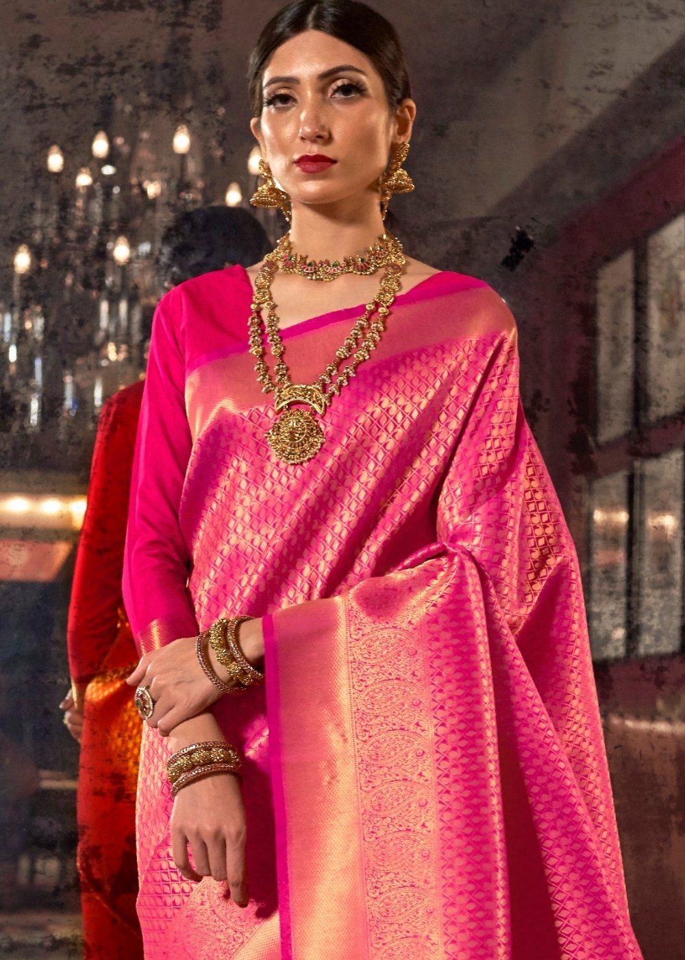 Hot Pink and Golden Blend Kanjivaram Soft Woven Silk Saree