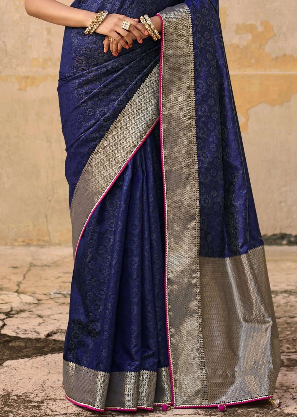 Indigo Blue Jacquard Silk Saree with Zari Border & Pallu