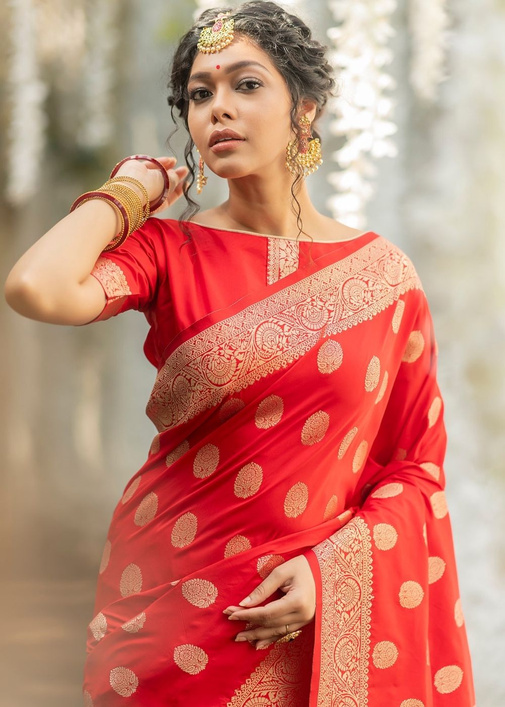 Ferrari Red Soft Banarasi Silk Saree with overall Butti