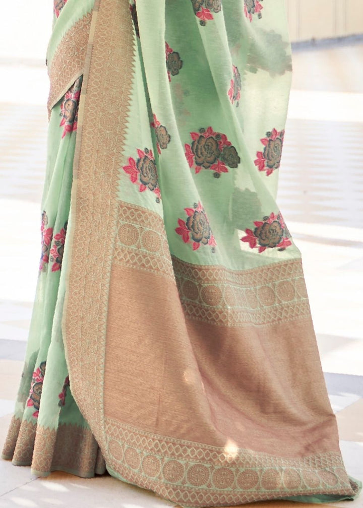 Pastel Green Pure Linen Woven Silk Saree with Resham work