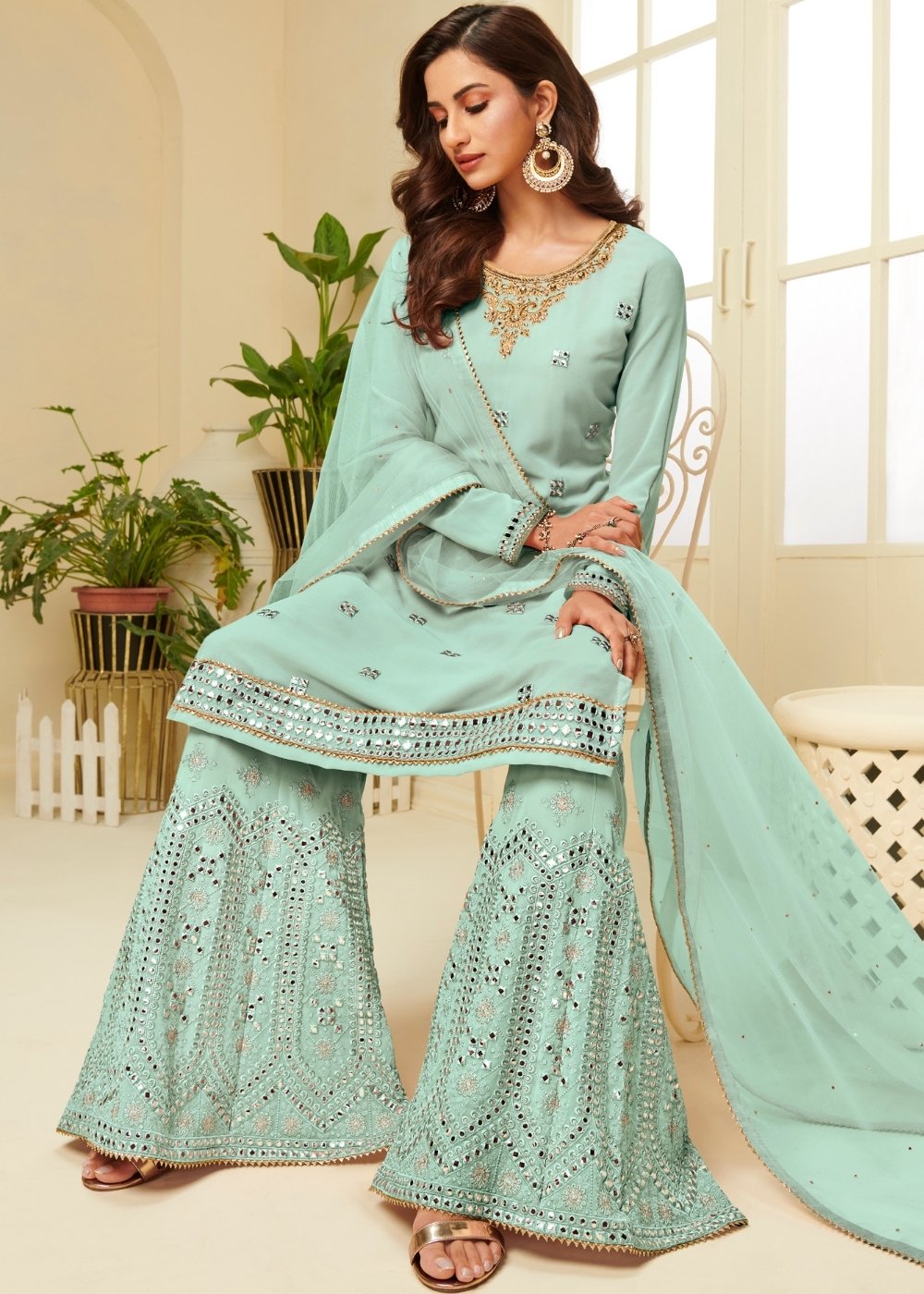 Powder Blue Georgette Sharara Suit with Gota work & Embroidery