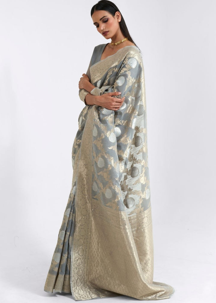 Seal Grey Zari Woven Linen Silk Saree