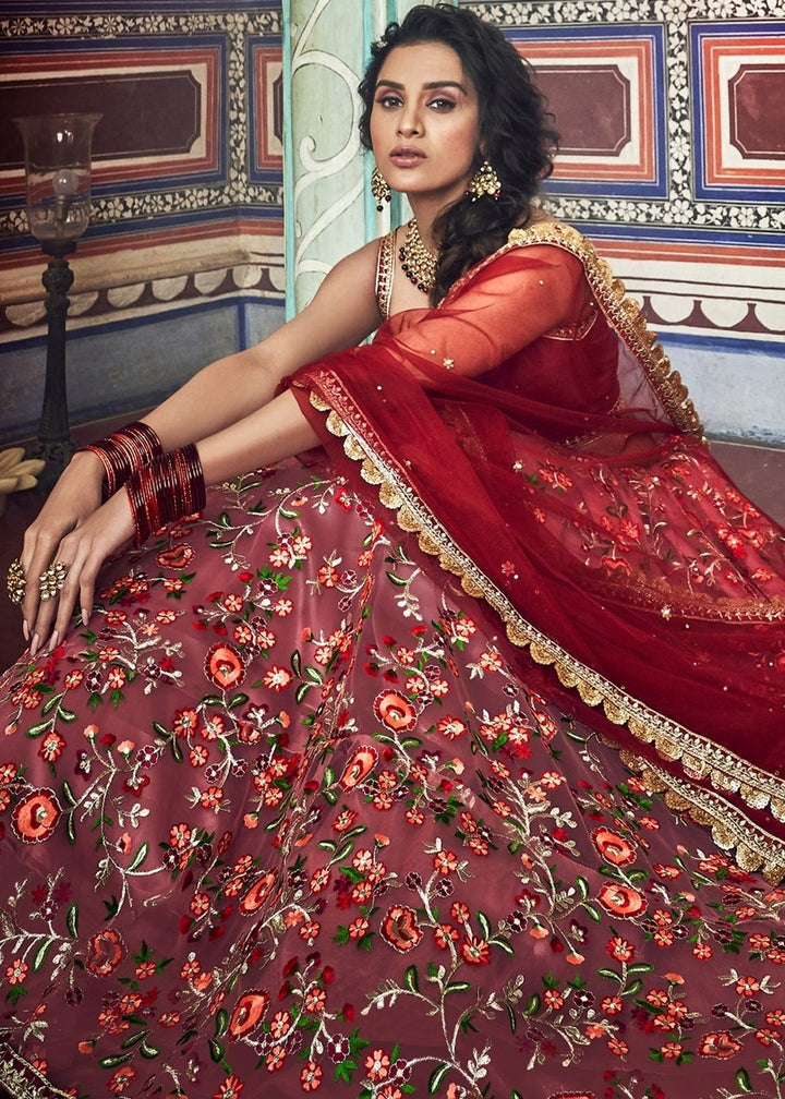 Persian Red Soft Net Lehenga with Thread & Zari work