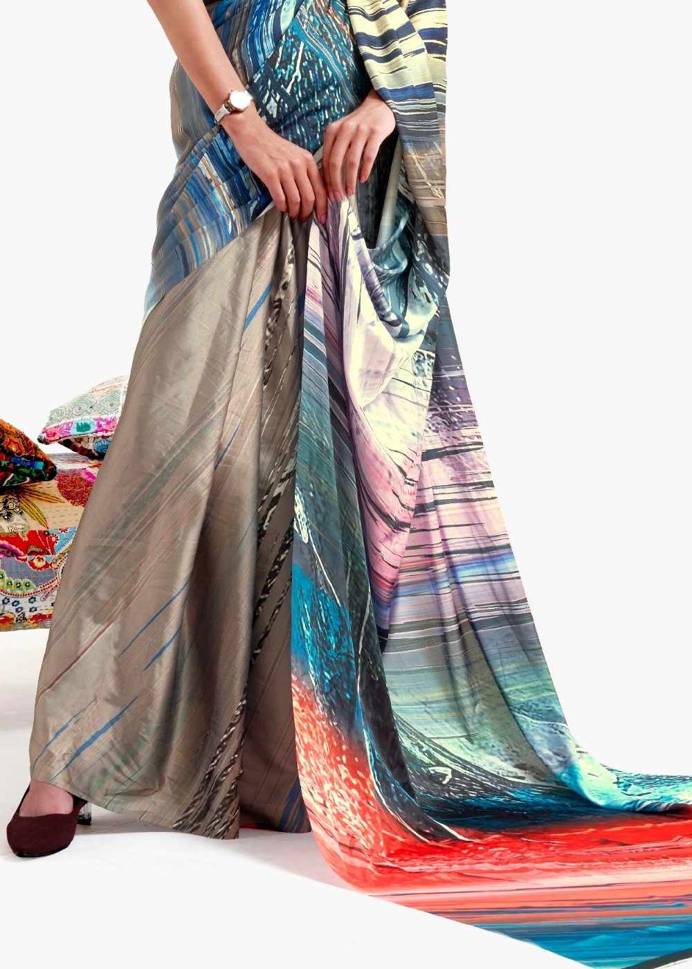 Camel Brown Digital Printed Satin Crepe Saree