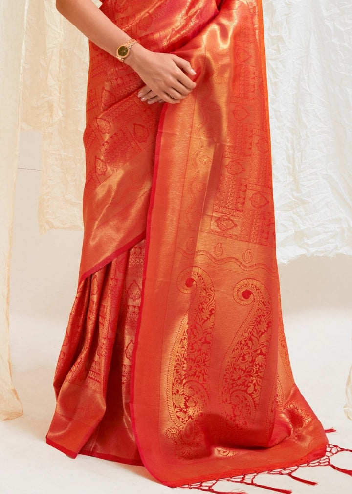 Scarlet Red & Golden Blend Kanjivaram Silk Saree