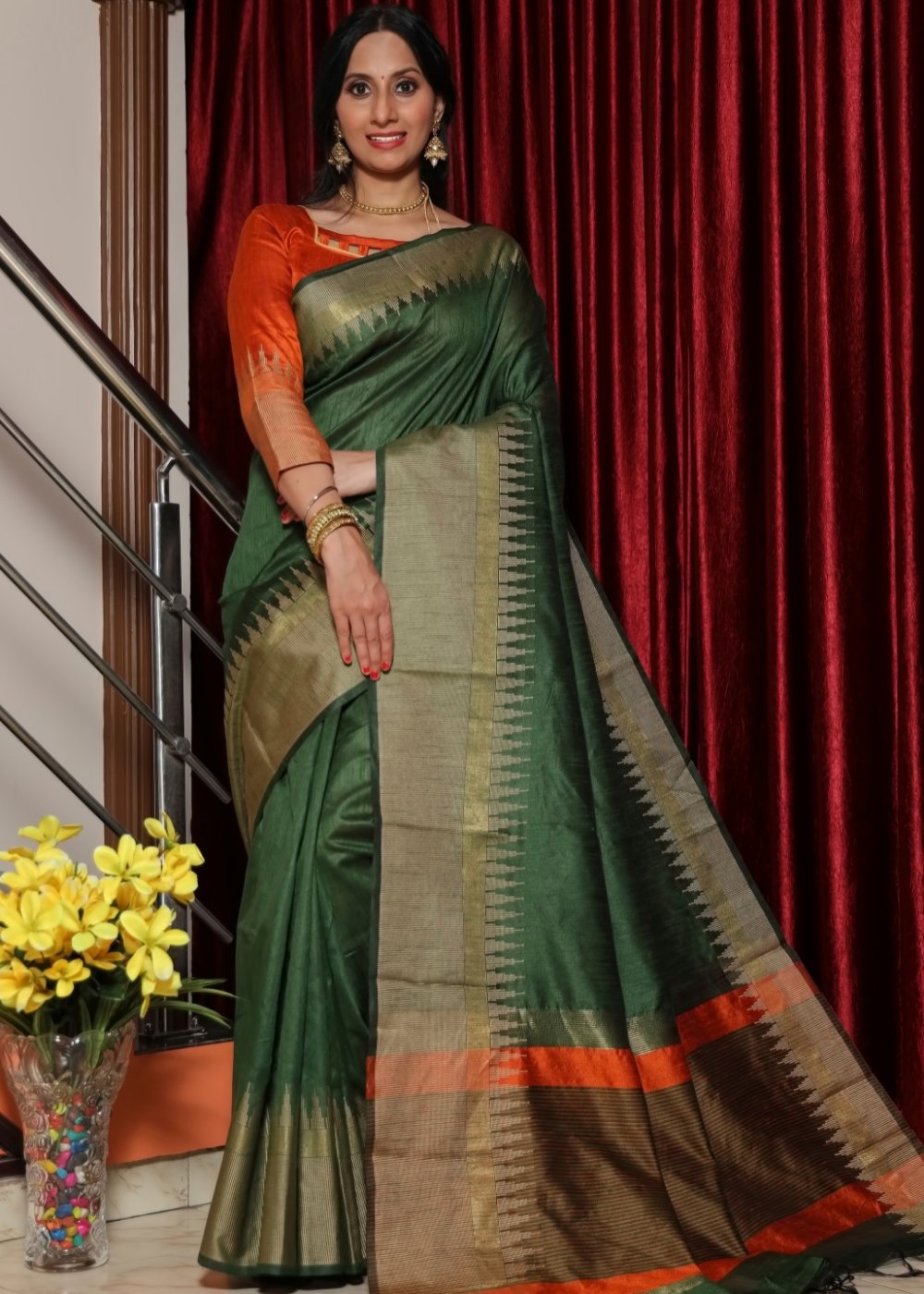 Hunter Green Art Silk Saree with Temple Border