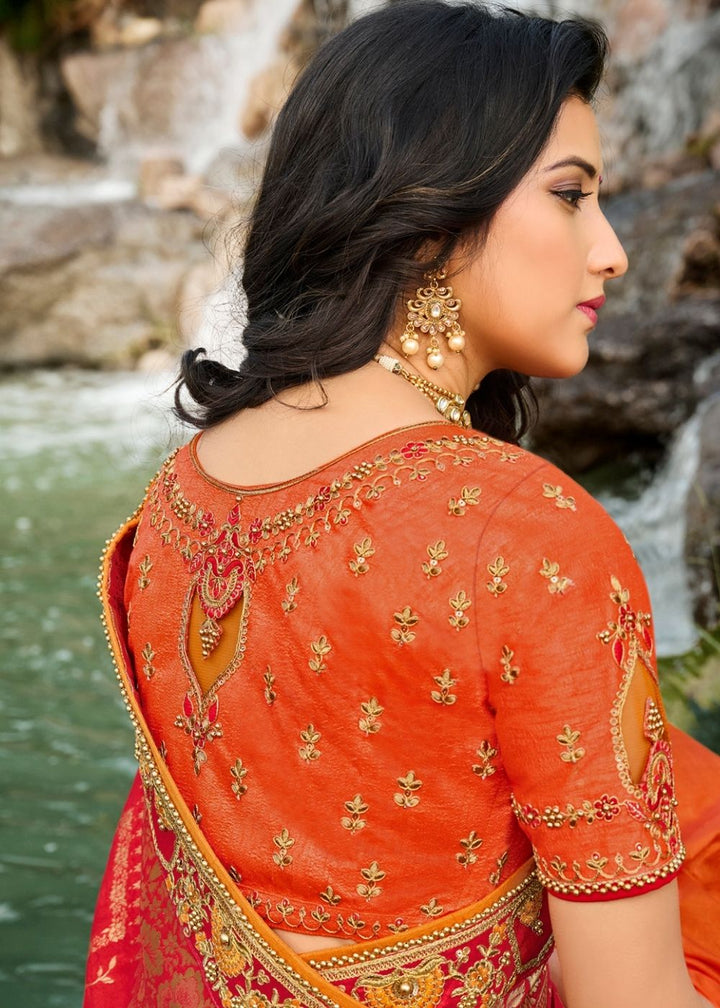 Orange and Red Half N Half Silk Saree with Embroidered work