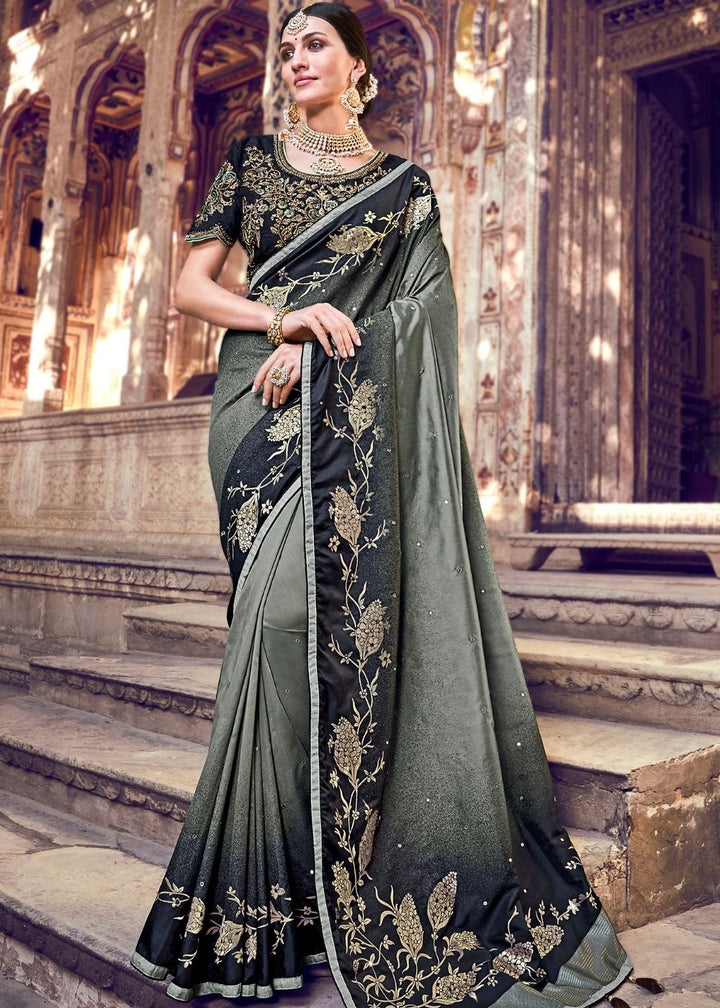 Pebble Black Banarasi Silk Saree with Embroidered Silk Blouse