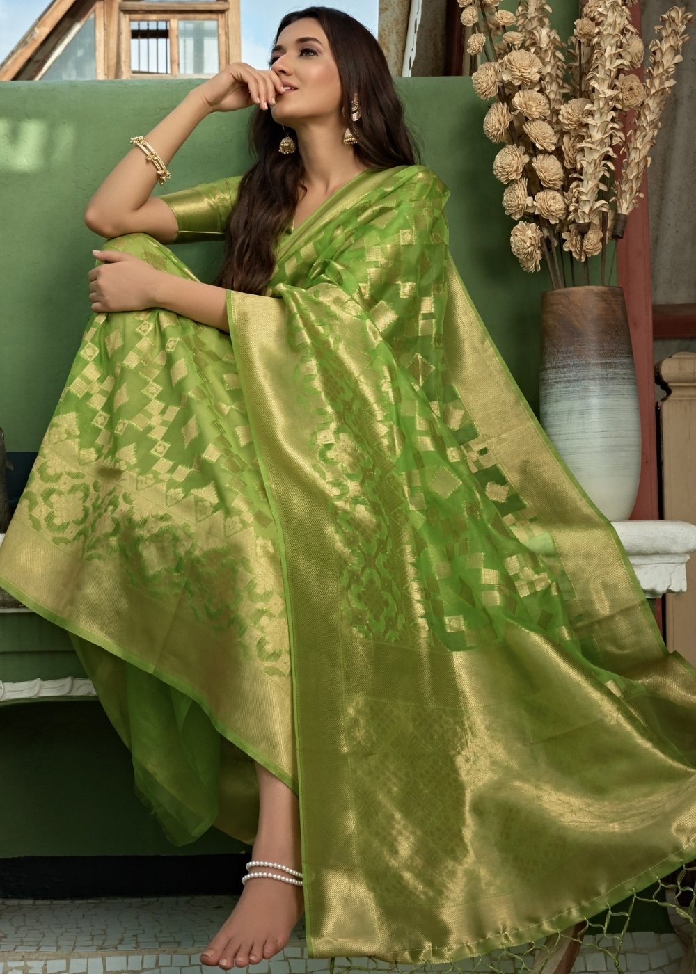 Apple Green Zari Woven Organza Silk Saree