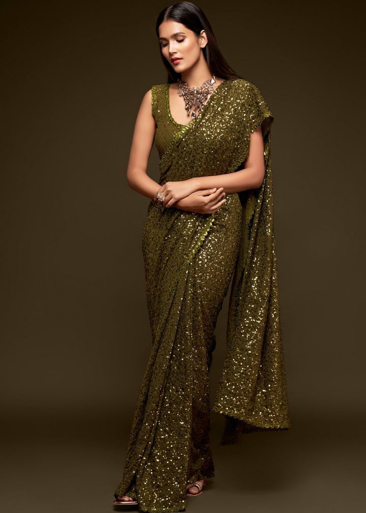 Army Green Sequins & Thread Embroidered Designer Georgette Saree