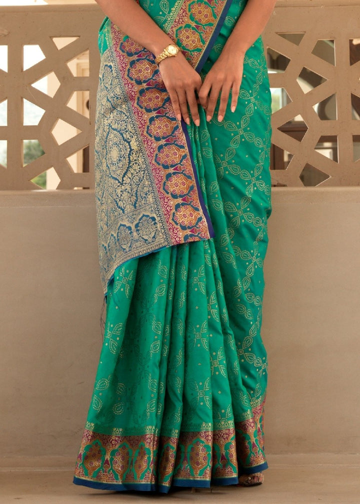 Jade Green Woven Soft Banarasi Silk Saree with Contrast Pallu & Blouse