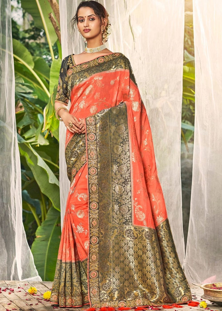 CoralPink and Grey Banarasi Dola Silk Saree with Resham Embroidery, Zari and Sequence work