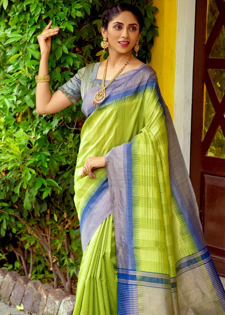 Mint Green Zari Weaving Silk Saree with Tassels on Pallu