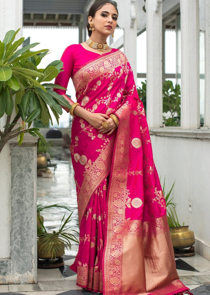 Magenta Pink Soft Banarasi Silk Saree with Floral Zari work