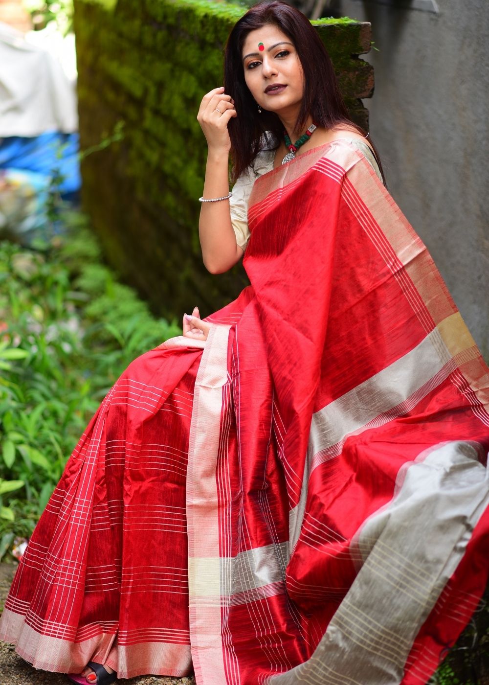 Coral Red Designer Raw Silk Saree