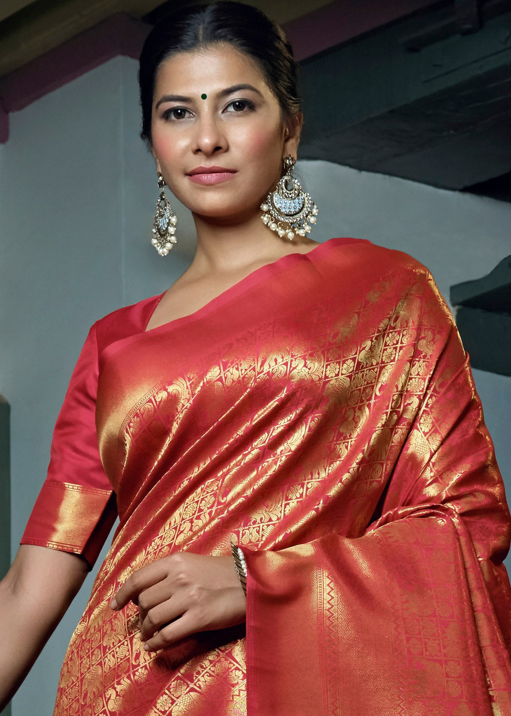 Orange Red Woven Kanjivaram Silk Saree