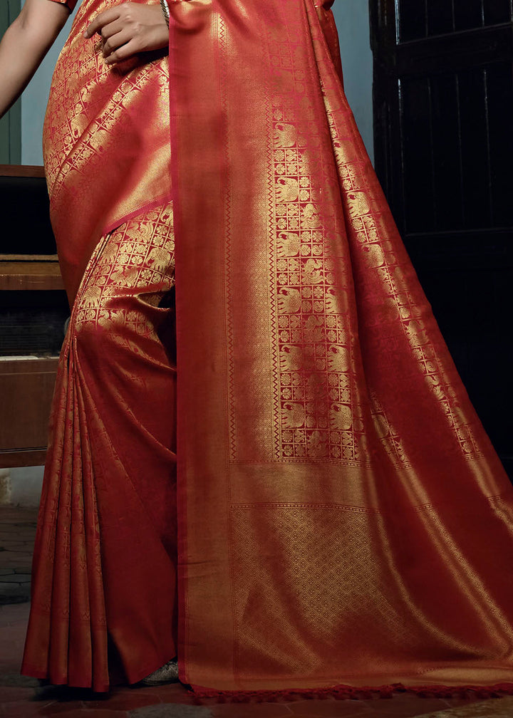 Orange Red Woven Kanjivaram Silk Saree