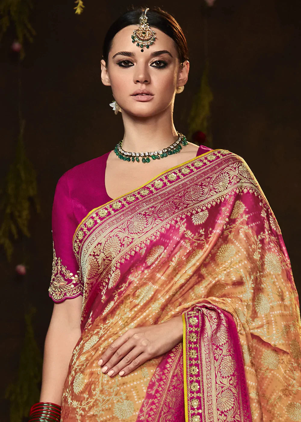 Orange & Pink Zari Weaving Georgette Silk Saree with Embroidery Designer Blouse